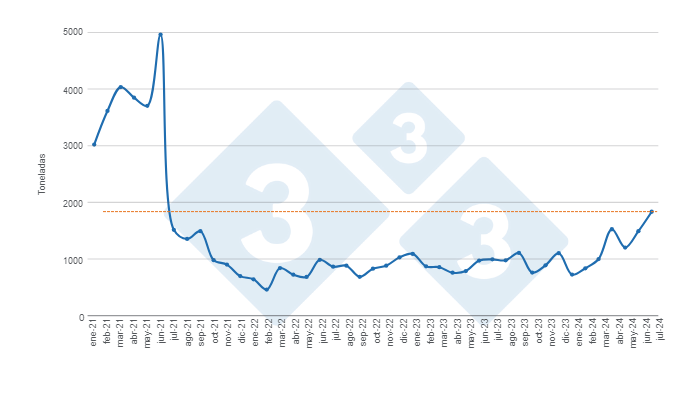 Gr&aacute;fico 1. Evoluci&oacute;n de las exportaciones mensuales de carne de cerdo en el per&iacute;odo enero de 2021 a julio de 2024.&nbsp;Elaborado por el Departamento de Econom&iacute;a e Inteligencia de Mercados de 333 Latinoam&eacute;rica con datos de la Secretar&iacute;a de Agricultura, Ganader&iacute;a y Pesca del&nbsp; Ministerio de Econom&iacute;a de Argentina.&nbsp;
