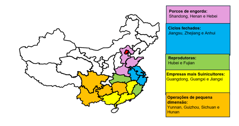 Distribui&ccedil;&atilde;o geogr&aacute;fica e modos de funcionamento da produ&ccedil;&atilde;o su&iacute;na da China por Prov&iacute;ncia. Fonte: USDA da ATO Pequim. Desafios na produ&ccedil;&atilde;o su&iacute;na da China
