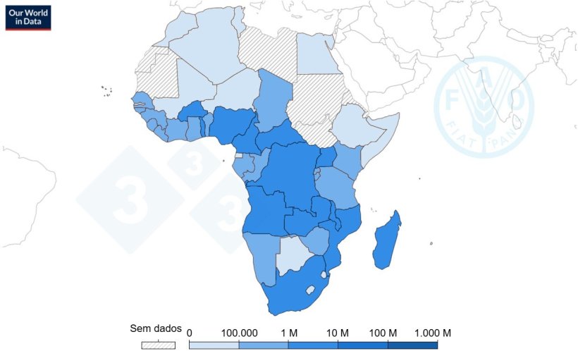 N&uacute;mero de porcos em &Aacute;frica, 2022. Fonte: Organiza&ccedil;&atilde;o das Na&ccedil;&otilde;es Unidas para a Alimenta&ccedil;&atilde;o e Agricultura (2023)