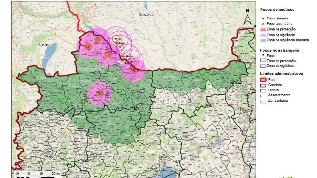 Focos de Febre Aftosa a 17 de Abril de 2025. Fonte: Nébih.
