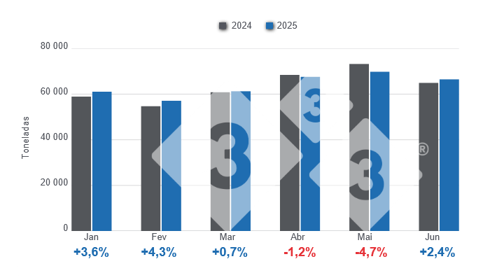 Gr&aacute;fico 1: Produ&ccedil;&atilde;o mensal de carne de porco no primeiro semestre de 2025, varia&ccedil;&otilde;es anuais. Elaborado pelo Departamento de Economia da 333 Am&eacute;rica Latina com dados da Secretaria de Agricultura, Pecu&aacute;ria e Pescas do Minist&eacute;rio da Economia da Argentina.
