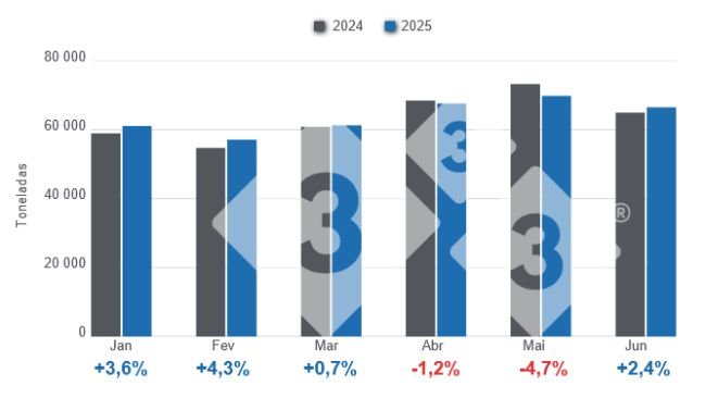 Gráfico 1: Produção mensal de carne de porco no primeiro semestre de 2025, variações anuais. Elaborado pelo Departamento de Economia da 333 América Latina com dados da Secretaria de Agricultura, Pecuária e Pescas do Ministério da Economia da Argentina.