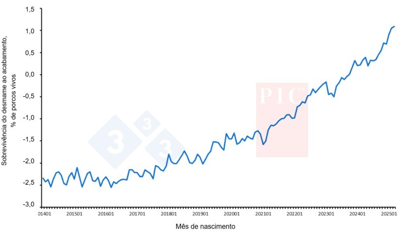 Tendência genética para a sobrevivência na engorda. A redução da mortalidade na engorda, medida como o aumento da sobrevivência dos leitões desde o desmame até ao abate, é uma das características que mais beneficia dos dados gerados pelo programa GNX. O gráfico mostra como o potencial de sobrevivência aumentou 3,5% nos últimos 10 anos.