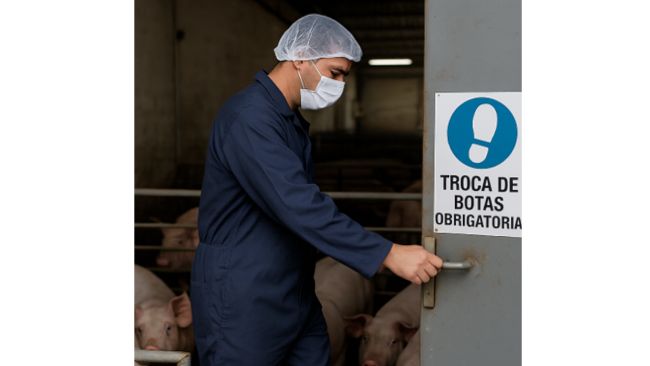 Imagem 1. Trabalhador numa explora&ccedil;&atilde;o de su&iacute;nos atravessa diferentes &aacute;reas sem trocar as botas, ignorando o protocolo de biosseguran&ccedil;a indicado. Imagem gerada por intelig&ecirc;ncia artificial para fins ilustrativos (OpenAI, 2025).
