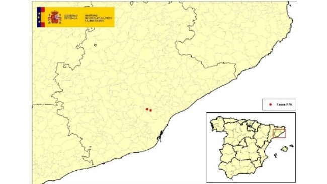 Localização dos 2 focos em javalis detectados na Catalunha (Fonte: MAPA)
