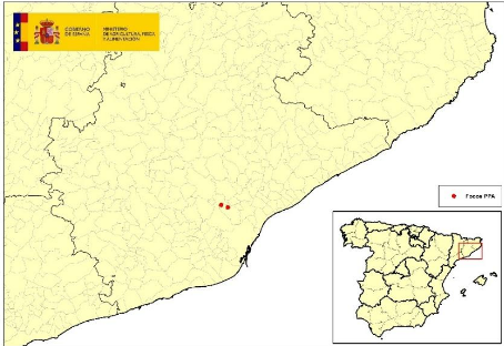 Localização dos 2 focos em javalis detectados na Catalunha (Fonte: MAPA)