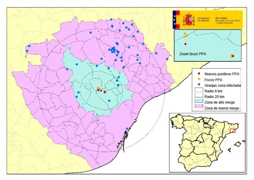 Localiza&ccedil;&atilde;o dos 7 focos em javalis e das explora&ccedil;&otilde;es de su&iacute;nos localizadas na zona infectada, com concelhos em zonas de alto e baixo risco (Fonte: MAPA).
