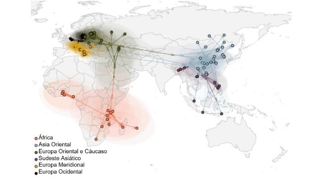 Figura 2. Dissemina&ccedil;&atilde;o global do v&iacute;rus da PSA (Rossi et al. bioRxiv 2025)
