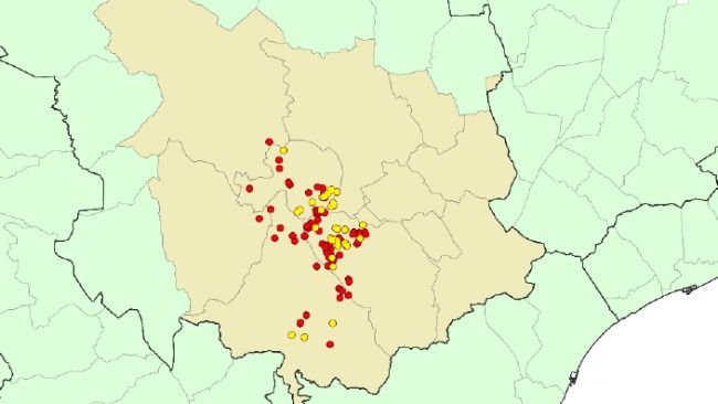 Localização detalhada dos 142 casos de javalis detectados na Catalunha. Círculo amarelo: focos recém-notificados. Círculo vermelho: focos anteriores (Fonte: Ministério da Agricultura, Pecuária, Pescas e Alimentação)