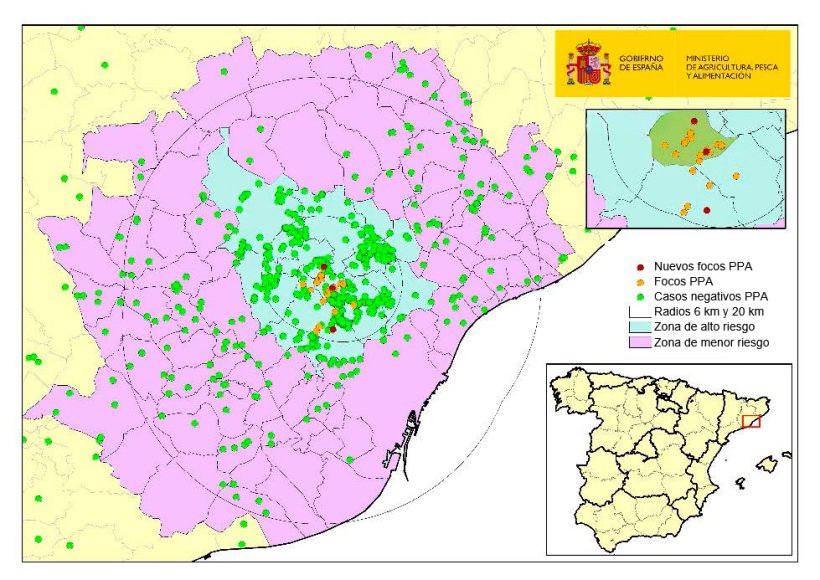 Localiza&ccedil;&atilde;o dos 26 focos em javalis e dos javalis capturados ou encontrados mortos com resultado negativo na Catalunha (Fonte: MAPA)

