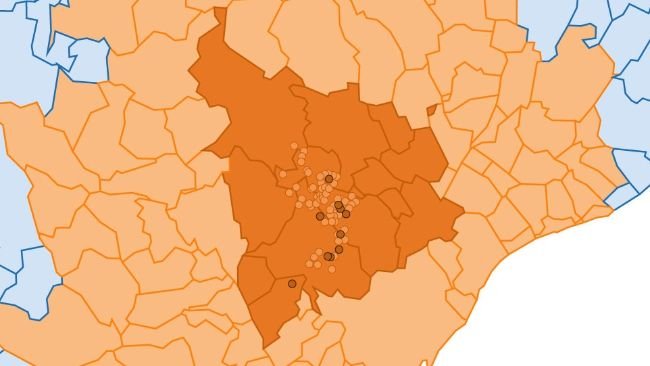 Localização detalhada dos 155 casos de javalis detectados na zona infectada. Círculo amarelo: casos anteriores. Círculo vermelho: casos recentemente notificados (Fonte: Ministério da Agricultura, Pecuária, Pescas e Alimentação).