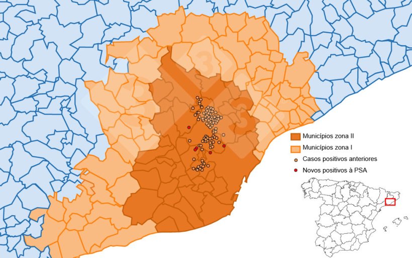 Localiza&ccedil;&atilde;o detalhada dos 238 casos de javalis detectados na Zona Restrita II.
