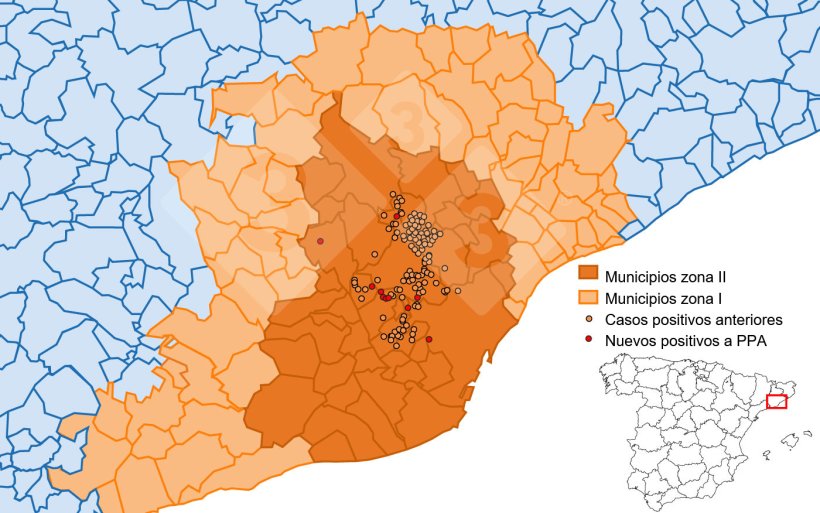 Localiza&ccedil;&atilde;o detalhada dos casos de javalis detectados na Zona Restrita II. Fonte: 333 com base em dados do MAPA e SVO.
