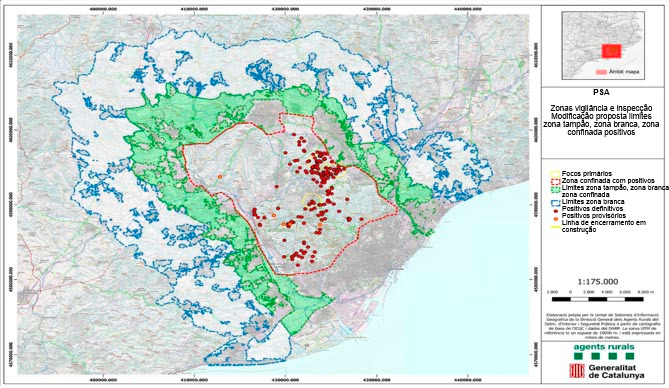 Redu&ccedil;&atilde;o da popula&ccedil;&atilde;o de javalis: localiza&ccedil;&atilde;o da \zona branca\, zona tamp&atilde;o e zona de confinamento. Fonte: Corpo de Agentes Rurais, Governo da Catalunha.