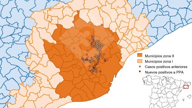 Localização detalhada dos casos de javalis detectados na zona restrita II (semana 18). Fonte: 333 com base em dados do MAPA e SVO.
