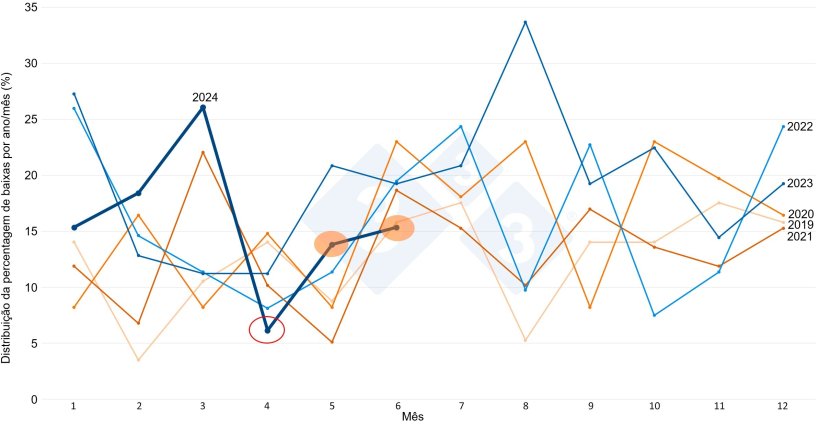Gráfico 6. Distribuição ponderada da mortalidade por mês e ano.