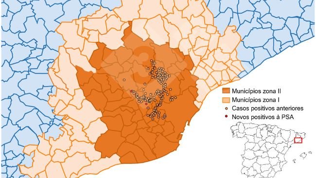 Localização detalhada dos casos de javalis detectados na zona restrita II (semana 21). Fonte: 333 com base em dados do MAPA e SVO.