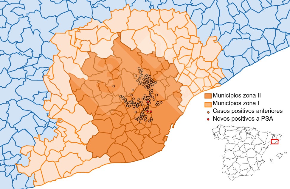 Localización detallada de los casos de jabalíes silvestres detectados en la zona restringida II (semana 22). Fuente: 333 a partir de datos del MAPA y SVO.