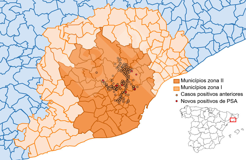 Localização detalhada dos casos de javalis detectados na zona restrita II (semana 23). Fonte: 333 com base em dados do MAPA e SVO.