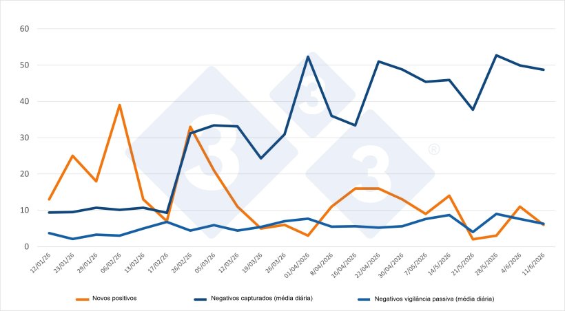 Evolução dos casos positivos, capturas e vigilância passiva semanal nas zonas I e II. Fonte: 333 com base em dados do MAPA.