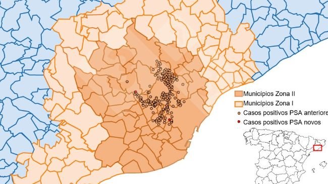 Localização detalhada dos casos de javalis detectados na zona restrita II (semana 25). Fonte: 333 com base em dados do MAPA e SVO.