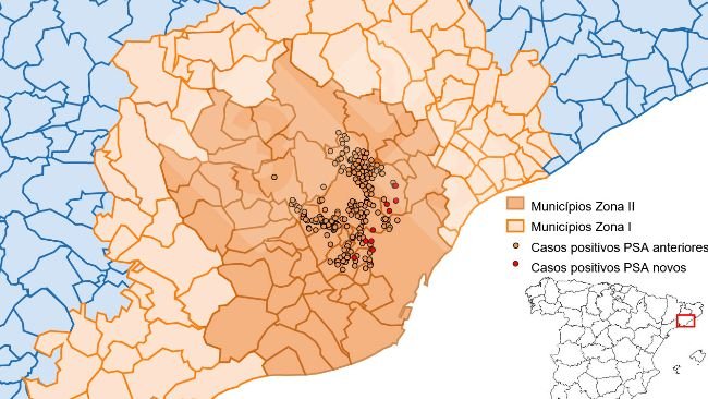 Localização detalhada dos casos de javalis detectados na Zona Restrita II (semana 26). Fonte: 333 com base em dados do MAPA e SVO.