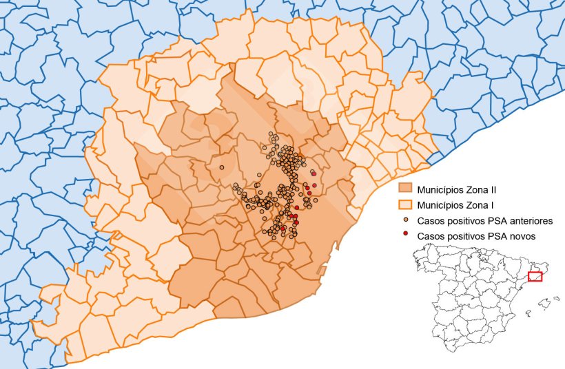 Localiza&ccedil;&atilde;o detalhada dos casos de javalis detectados na Zona Restrita II (semana 26). Fonte: 333 com base em dados do MAPA e SVO.

