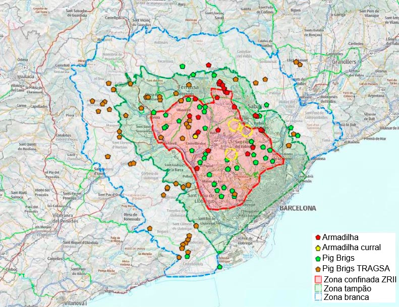 Localização das armadilhas, Pig Brigs e currais de captura no dia 7 de julho de 2026 (Fonte: Cos d’Agents Rurals, Generalitat de Catalunya).