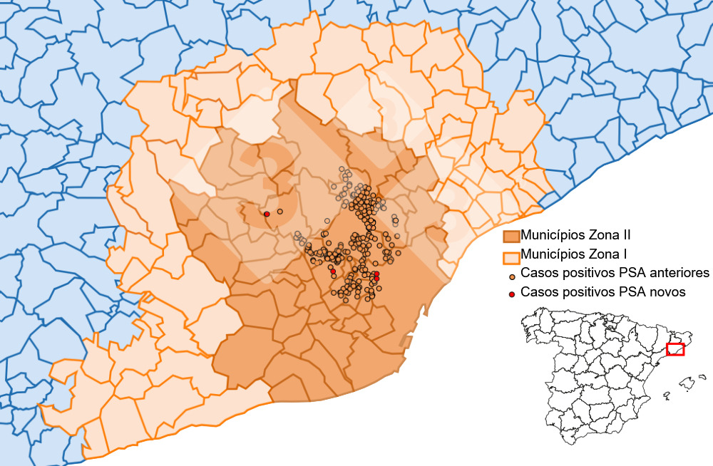 Localização detalhada dos casos de PSA em javalis detectados na zona restrita II (semana 30). Fonte: 333 com base em dados do MAPA e SVO.