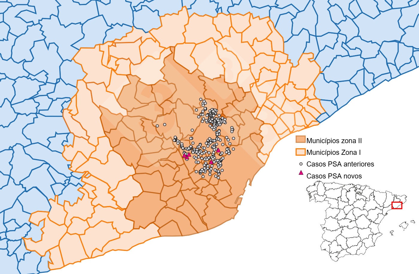 Localização detalhada dos casos de javalis detetados na zona restrita II (Fonte: Departamento de Agricultura, Ramaderia, Pescas e Alimentação).