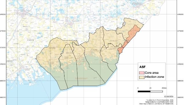 Área central e zonas de infecção por PSA na Finlândia. Fonte: Autoridade Alimentar Finlandesa.