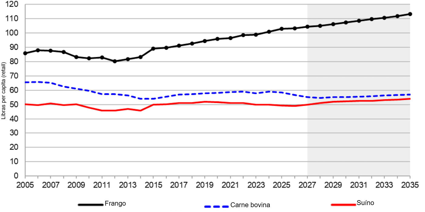 U.S. per capita meat consumption, 2005-2035. Source: USDA