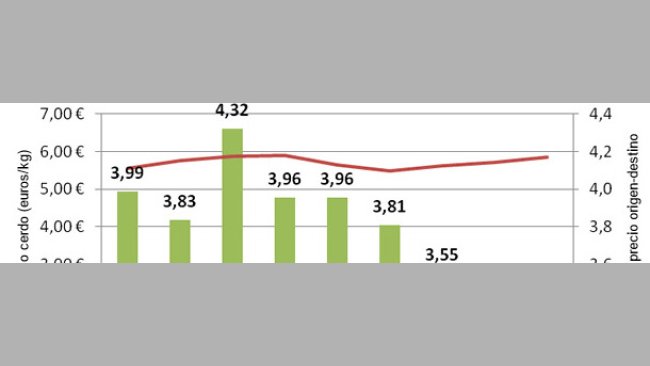 Evolución de los precios del cerdo en origen y destino durante los años 2005-2013