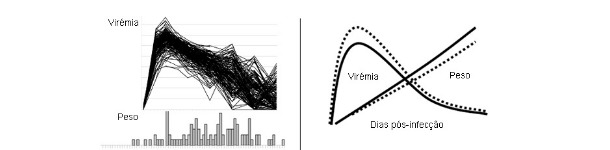 Viremia de PRRSV (figura superior) y distribuci&oacute;n de la GMD (inferior) en 200 cerdos infectados experimentalmente con PRRSV.