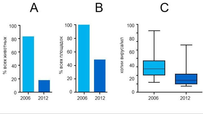 Уровни виремии ЦВС-2 в 2006 и 2012 годах