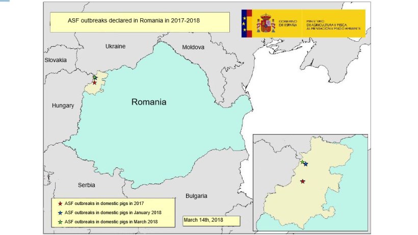 Вспышки АЧС в Румынии, 2017-2018 (источник: RASVE-ADNS)
