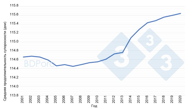 График 2. Средняя продолжительность супоросности в Испании с 2001 по 2020 годы. Источник: BDPorc.
