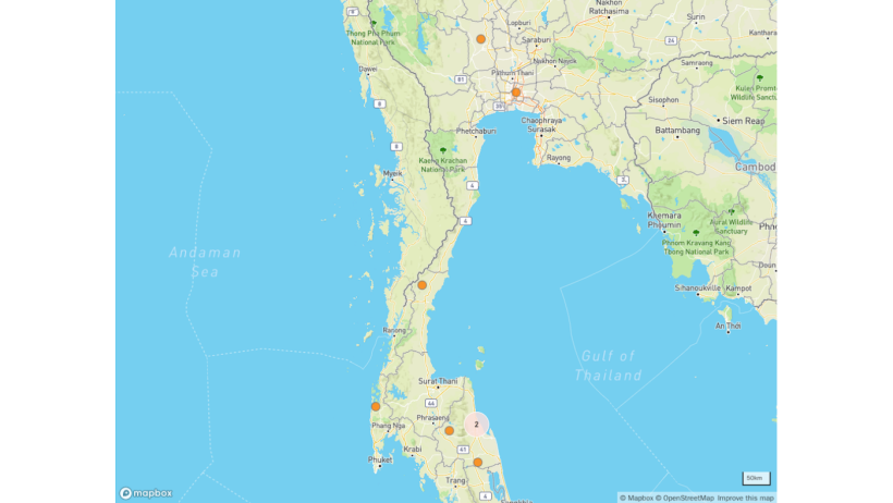 Вспышки АЧС в Таиланде на карте&nbsp; &copy; OpenStreetMap contributors.&nbsp;https://www.openstreetmap.org/copyright
