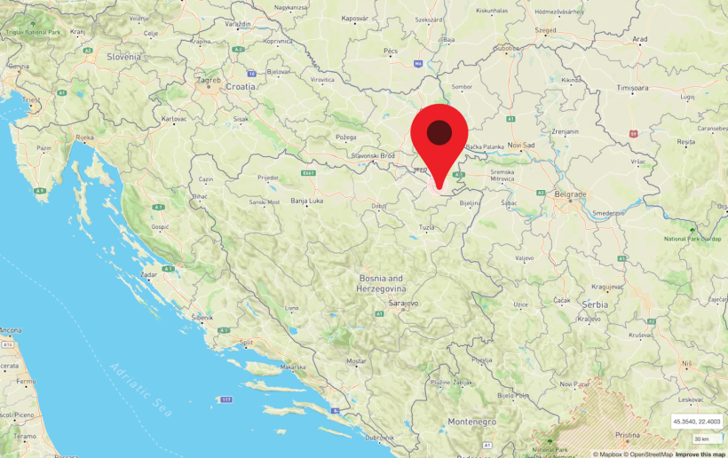 Местоположение первых двух вспышек АЧС в Хорватии.

