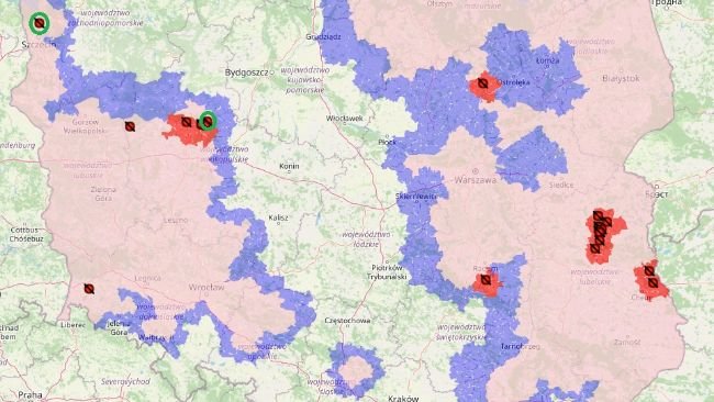Две новые вспышки АЧС в Польше отмечены зеленым цветом