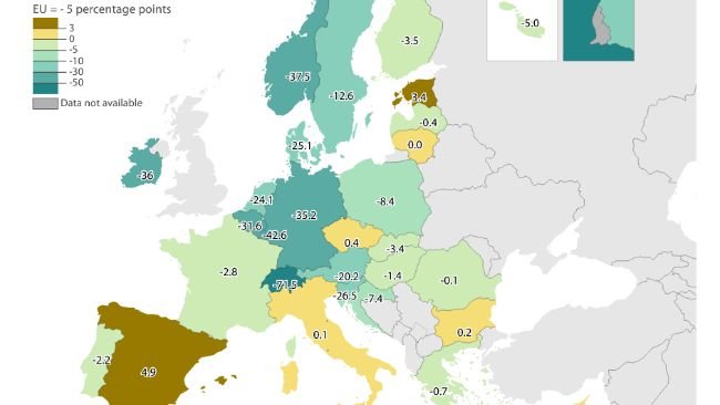 Изменение количества открытых хранилищ жидкого навоза в 2010–2020 гг. (процентные пункты).