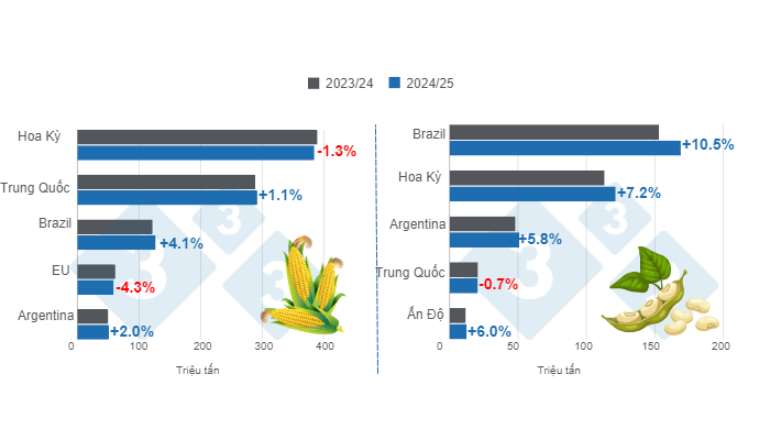 Dự b&aacute;o cho c&aacute;c nh&agrave; sản xuất ng&ocirc; v&agrave; đậu n&agrave;nh ch&iacute;nh tr&ecirc;n thế giới - ni&ecirc;n vụ 2024/25 so với ni&ecirc;n vụ 2023/24 - cập nhật lần cuối: ng&agrave;y 8 th&aacute;ng 11 năm 2024. Chuẩn bị bởi 333 Mỹ Latin với dữ liệu từ FAS - USDA.
