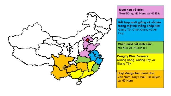 Phân bố địa lý và phương thức hoạt động của ngành chăn nuôi heo Trung Quốc theo tỉnh. Nguồn: USDA từ ATO Bắc Kinh.