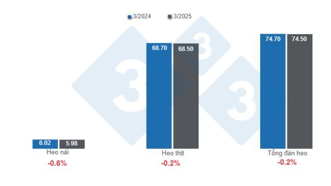 Biểu đồ 1. Đàn heo Hoa Kỳ tính đến ngày 1 tháng 3 năm 2025 (triệu con), biến động hàng năm. Được chuẩn bị bởi 333 Mỹ Latinh với dữ liệu từ USDA - NASS.