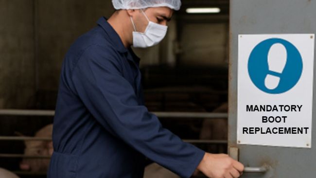 H&igrave;nh 1. Một c&ocirc;ng nh&acirc;n trại heo đi qua c&aacute;c khu vực kh&aacute;c nhau m&agrave; kh&ocirc;ng thay ủng, vi phạm quy định về an to&agrave;n sinh học đ&atilde; được hướng dẫn. H&igrave;nh ảnh được tạo bằng tr&iacute; tuệ nh&acirc;n tạo cho mục đ&iacute;ch minh họa (OpenAI, 2025).
