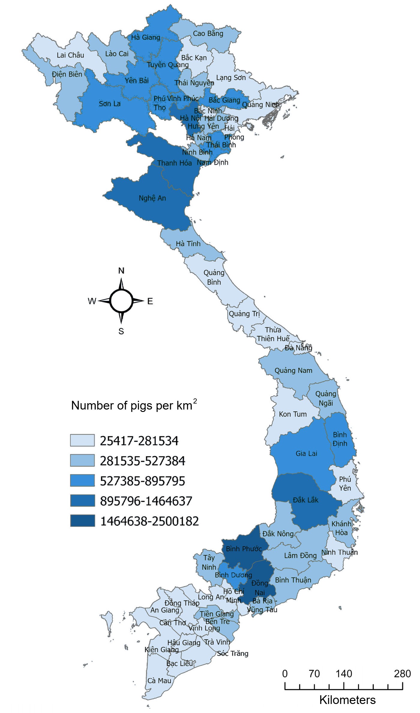 Maps showing the pig population density in Vietnam in 2023
