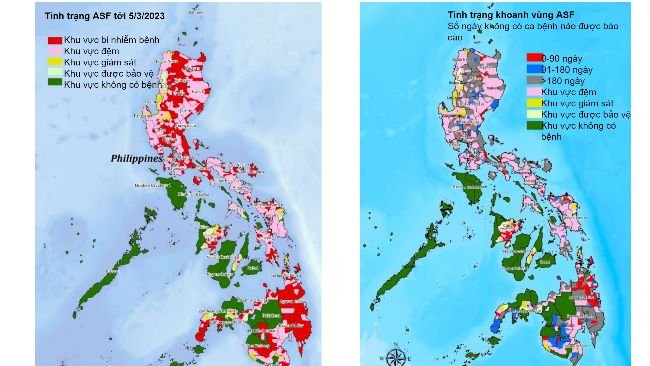 Bản đồ của Philippines hiển thị trạng thái phân vùng cho mỗi thành phố/đô thị và số ngày kể từ khi một ca bệnh được báo cáo. 