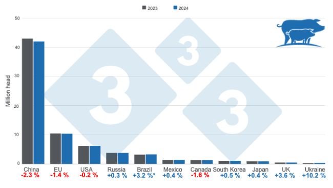 Dự kiến đàn heo nái ở các nước chăn nuôi chính vào năm 2023 và 2024. *Số liệu ở Brazil bao gồm số heo nái ở các trang trại công nghiệp và nông hộ nhỏ lẻ. Được biên soạn bởi 333 Châu Mỹ Latinh với dữ liệu từ FAS - USDA. 
