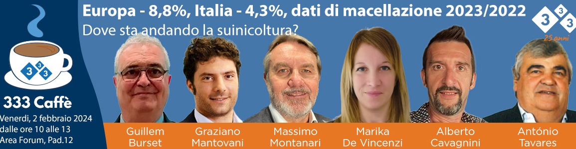 333 Caffè: Europa - 8,8%, Italia - 4,3%, dati di macellazione 2023/2022. 
