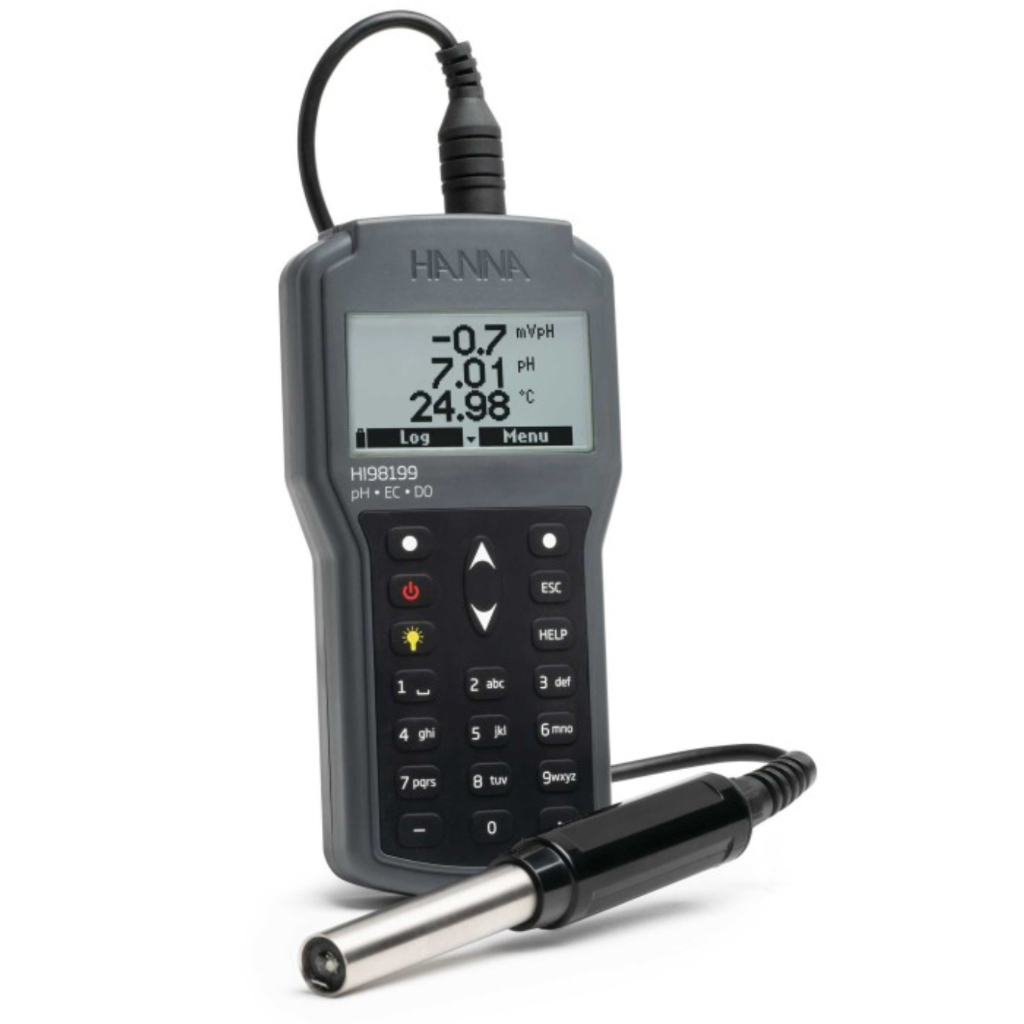 Medidor multiparâmetro Hanna HI98199 com sondas individuais. Mede pH, CE ou OD.